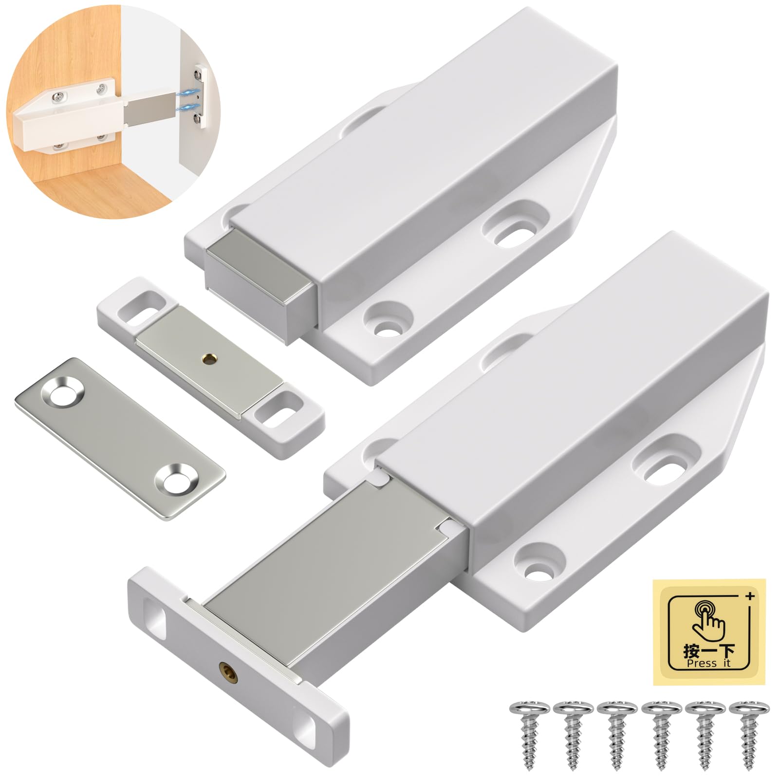 Magnetic Push Latch Heavy Duty Jiayi Push to Open Cabinet Hardware Magnetic Touch Latches for Large Door Push Release Latches Kitchen Drawer Push Catch Press Out Latch (White, 2 Pack)