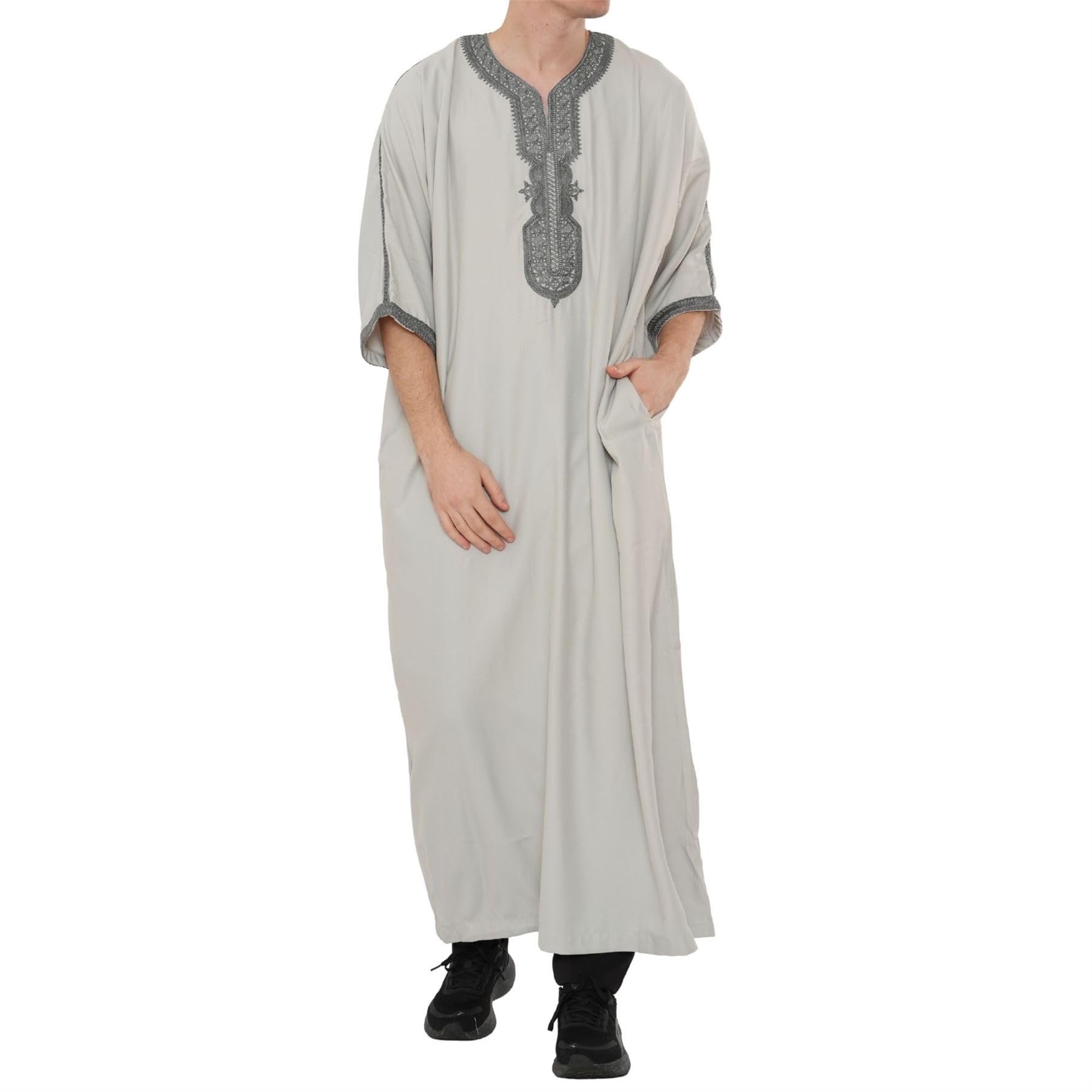 Men's Moroccan Thobe Half Sleeve Gandoura Embroidery Kaftan Eid Ramadan - Grey Charcoal 58