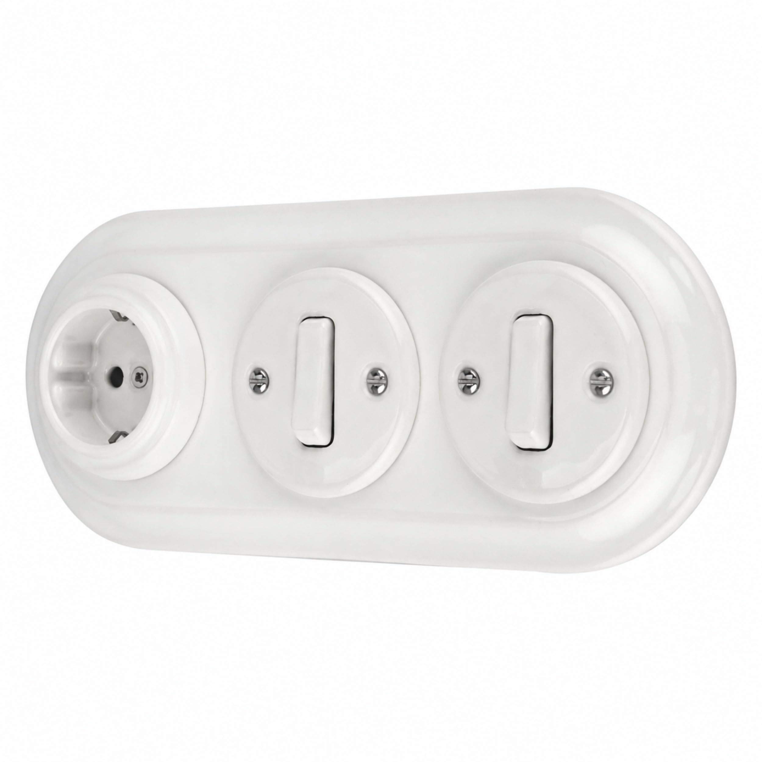 Unterputz Porzellan Retro Steckdose, Schalter, 3-fach, All-in-One, SET Serie PR1 weiß
