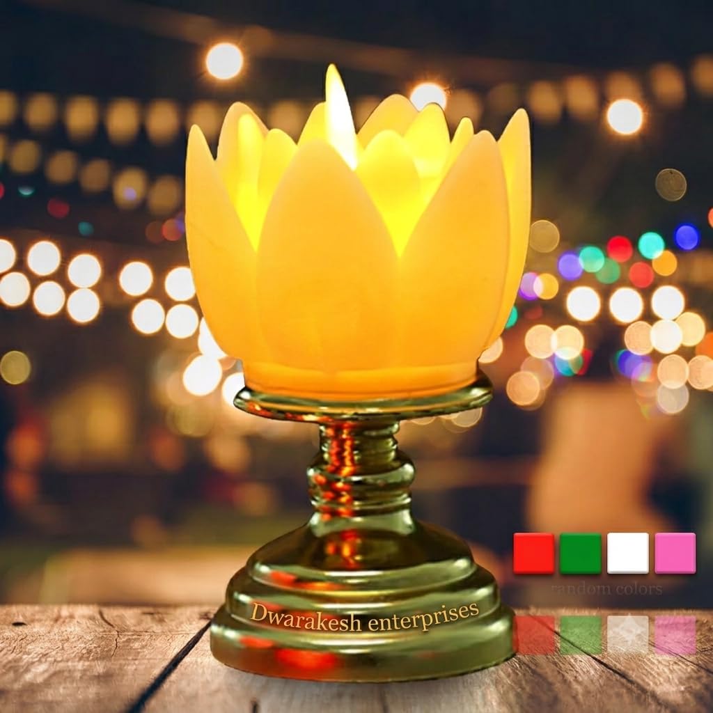 Dwarakesh Enterprises® Lotus Shape Dancing flammen Wick Gold Stand Lights Ambient flameless Tealight Pack of 1 for Party, Functions,Diwali,Christmas with Batteries (Multicolor Lotus, Yellow led)-image-31