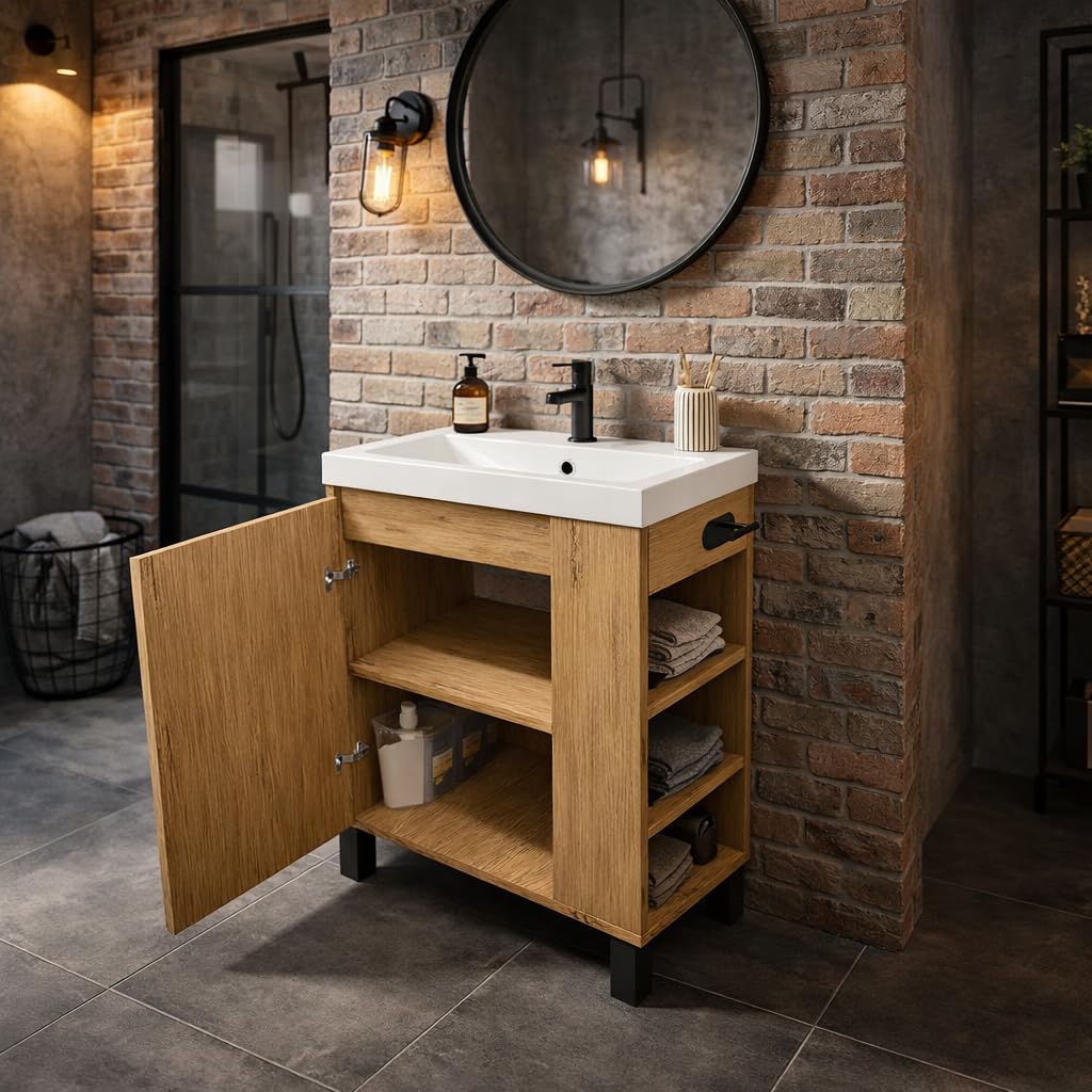 Mobile base con lavabo SEVA, 57 cm di larghezza, Set di mobili da bagno per bagno e WC ospiti, Lavabo in piedi o sospeso, Mobiletto con portarotolo - Rovere Lancillotto