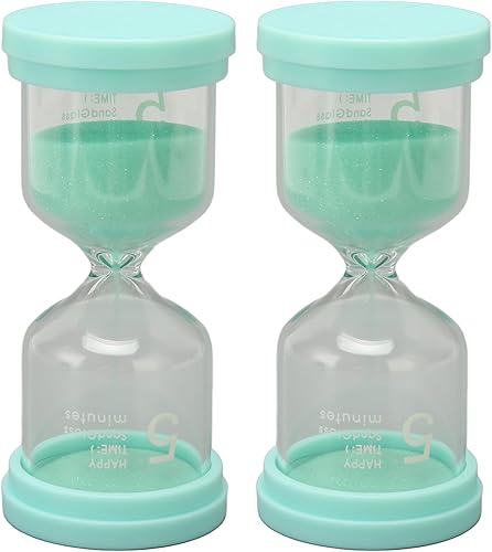 Temporizador de arena verde duradero, juego de 2, 5 minutos, hecho de vidrio transparente grueso y plástico, pequeño y portátil, perfecto para