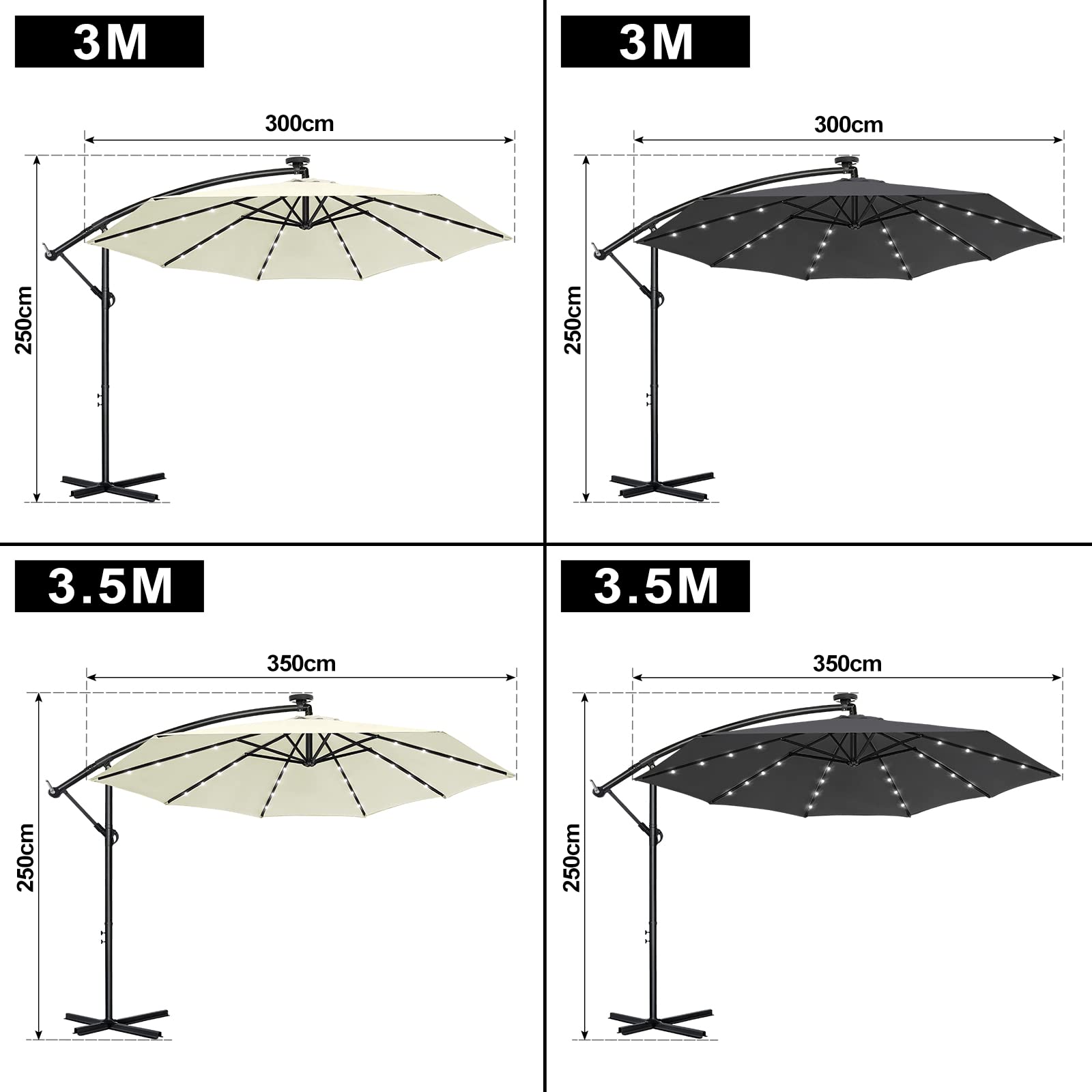 Froadp Ombrellone parasole in alluminio, 3,5 m, con manovella, protezione UV 40 + 40 + ombrellone da giardino, con supporto, per giardino, terrazza, balcone (beige/grigio scuro), grigio scuro, 3.5m