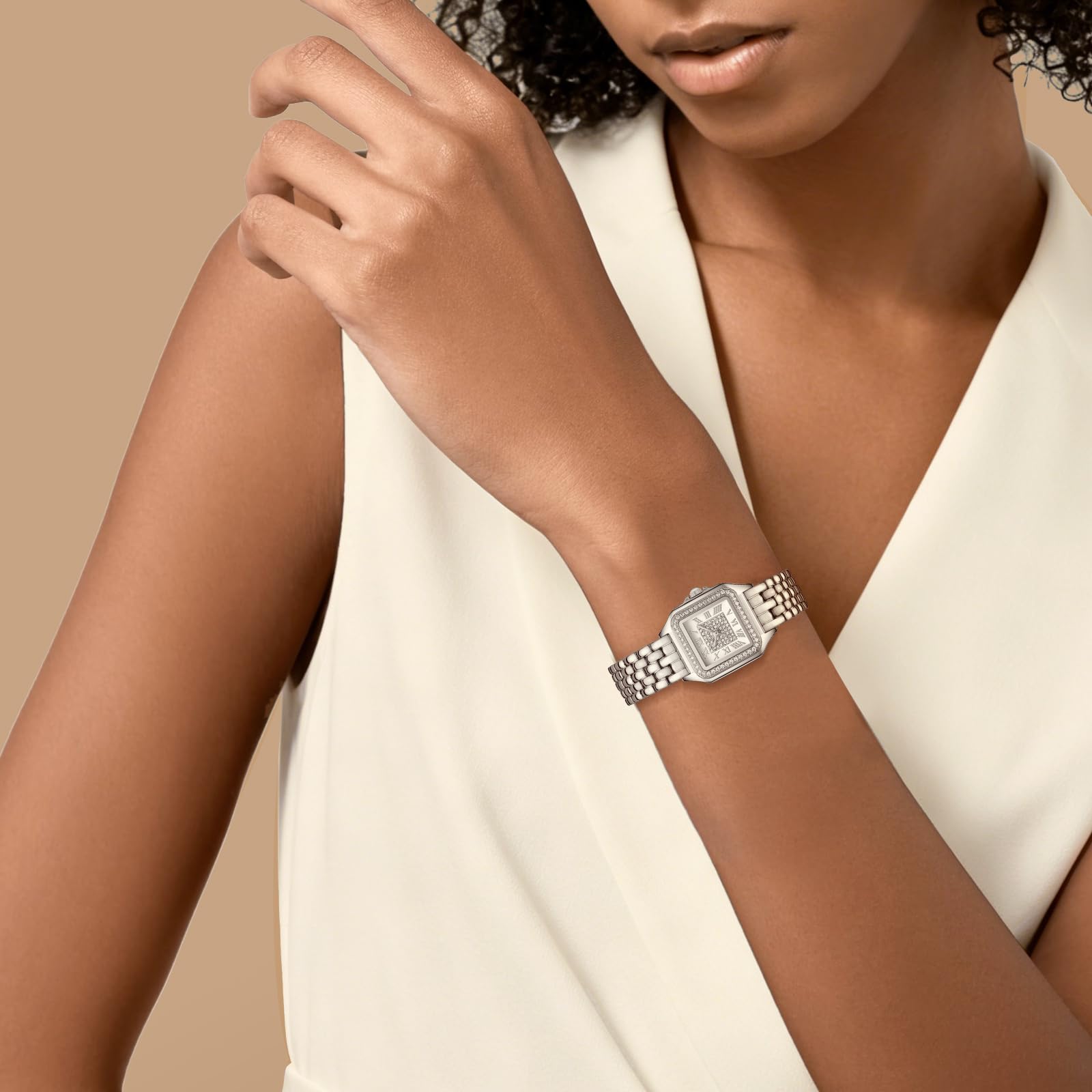 Uhren für Damen mit diamantbesetztem rechteckigem Gehäuse | Römisches Zifferblatt, Edelstahl-Armband, wasserdicht bis 30 m, Armband-Anpassungswerkzeug