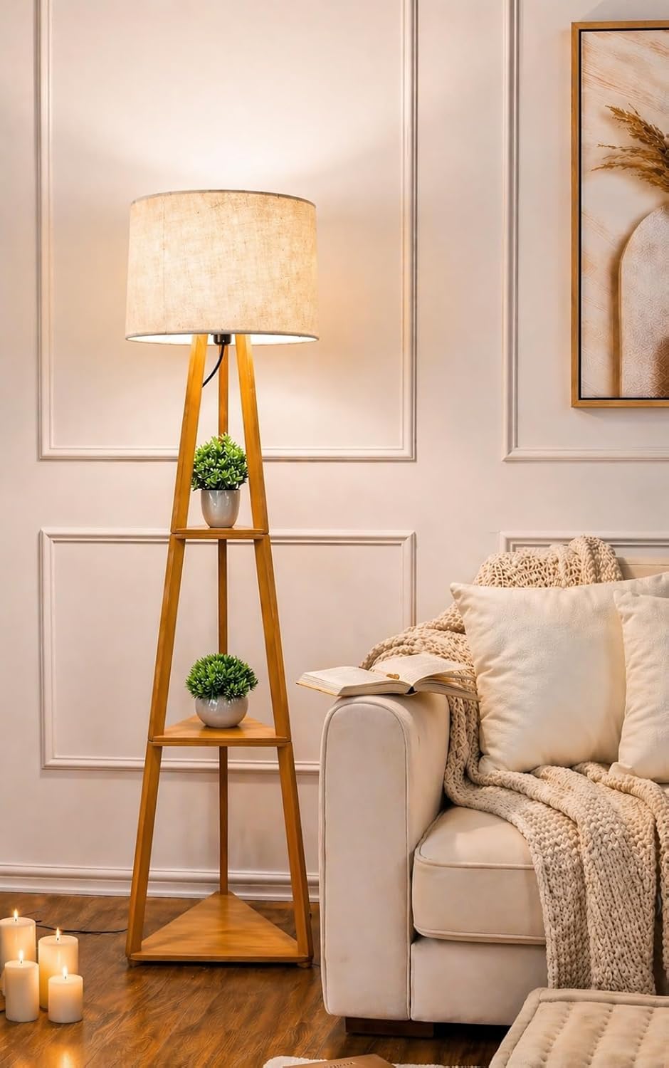 Wooden Standing Floor Lamp with Storage Shelf, Contemporary Style, for Living Room Bedroom Corner Space, Home Decor Light-image-31