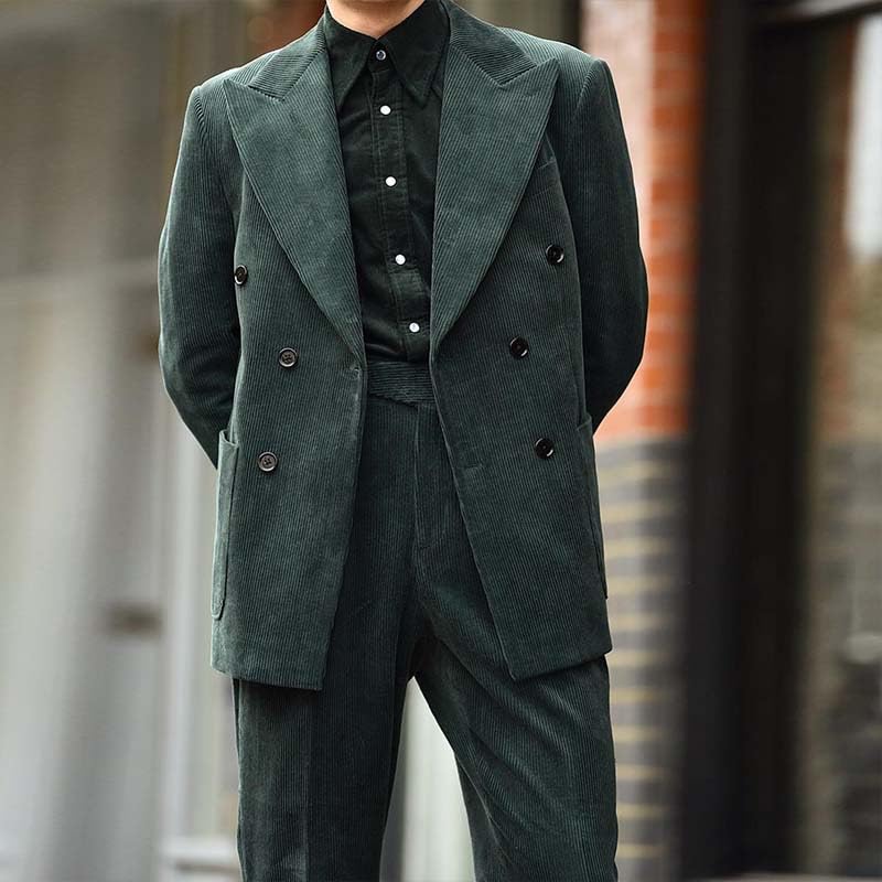 Men's 2 Piece Corduroy Suit Double-Breasted Peak Lapel Party Prom Wedding Tuxedo Blazer Pants Sets2