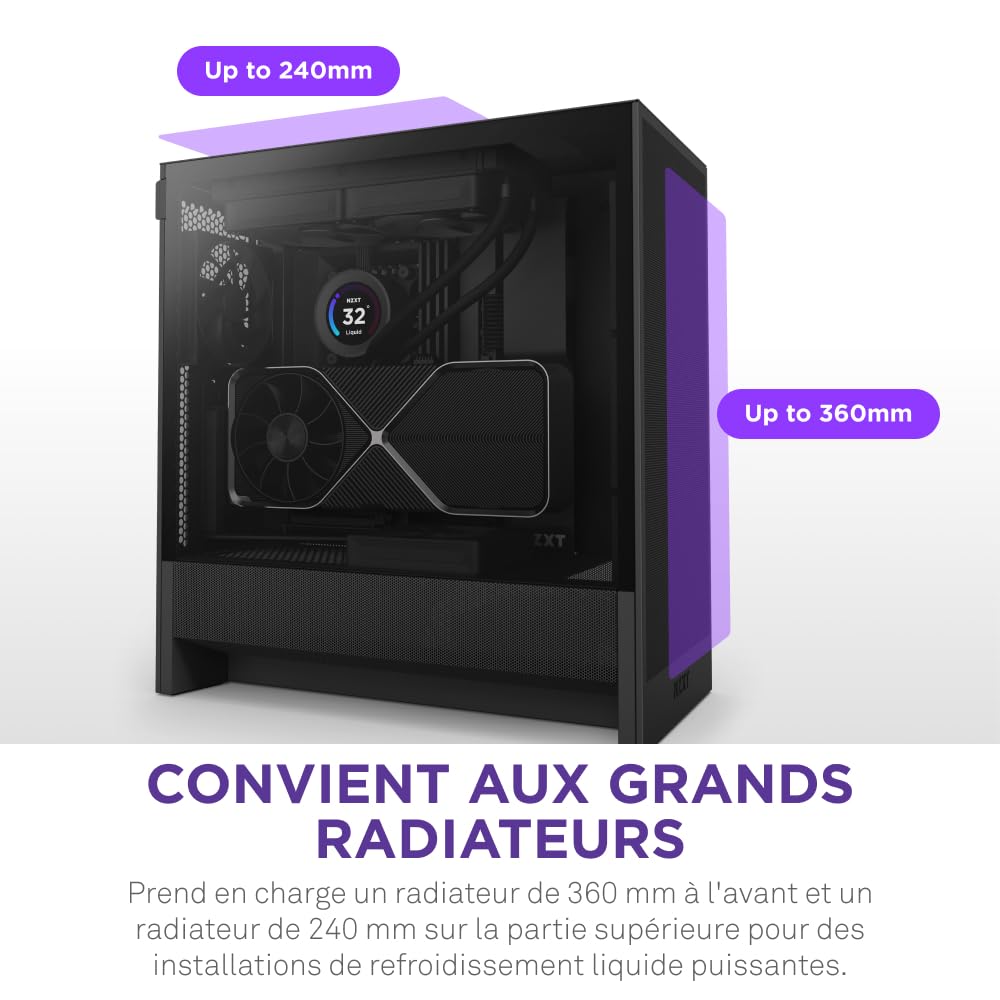 NZXT H5 Flow - Boîtier de PC Gaming Compact Moyen Tour ATX - Flux d'air élevé - 2 × Ventilateurs de 120 mm Inclus - Support de radiateur Avant 360 mm - Noir