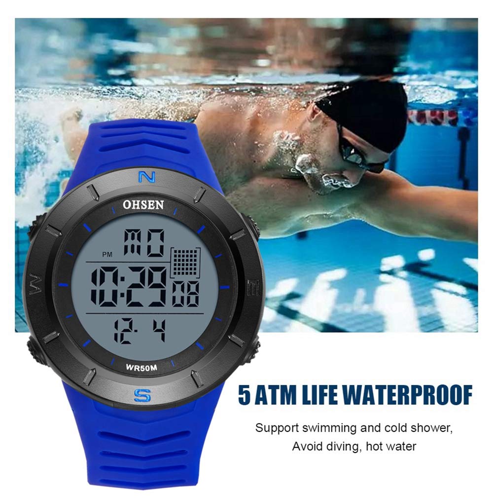 OHSEN 1903 watch on a wrist in a swimming pool, demonstrating its 5 ATM life waterproof capability.