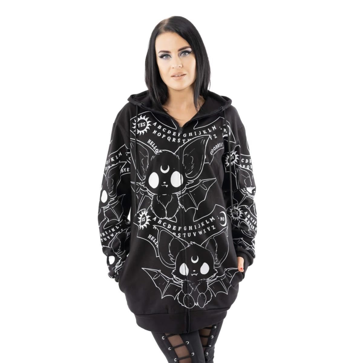 Heartless Felpa con Cappuccio Ouija Bats - Felpa con Orecchie di Pipistrello Gotico Nero, Stile Occulto Alternativo, Nero, 2XL