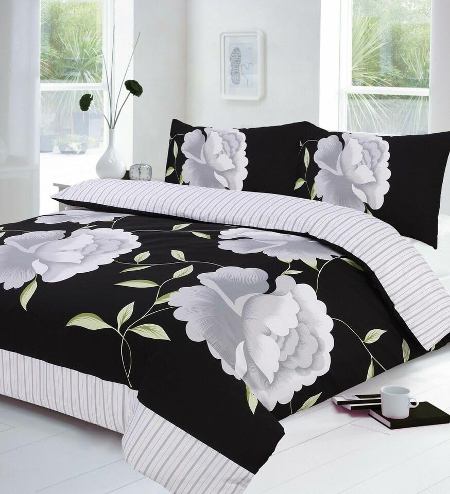 London Dream Luxury Rosaleen Floral Duvet Cover Set with Two Matching Pillow Cases - Flowers Printed Poly Cotton Quilt Cover Modern Bedding Sets (Black/White, Double 200 x 200 cm)