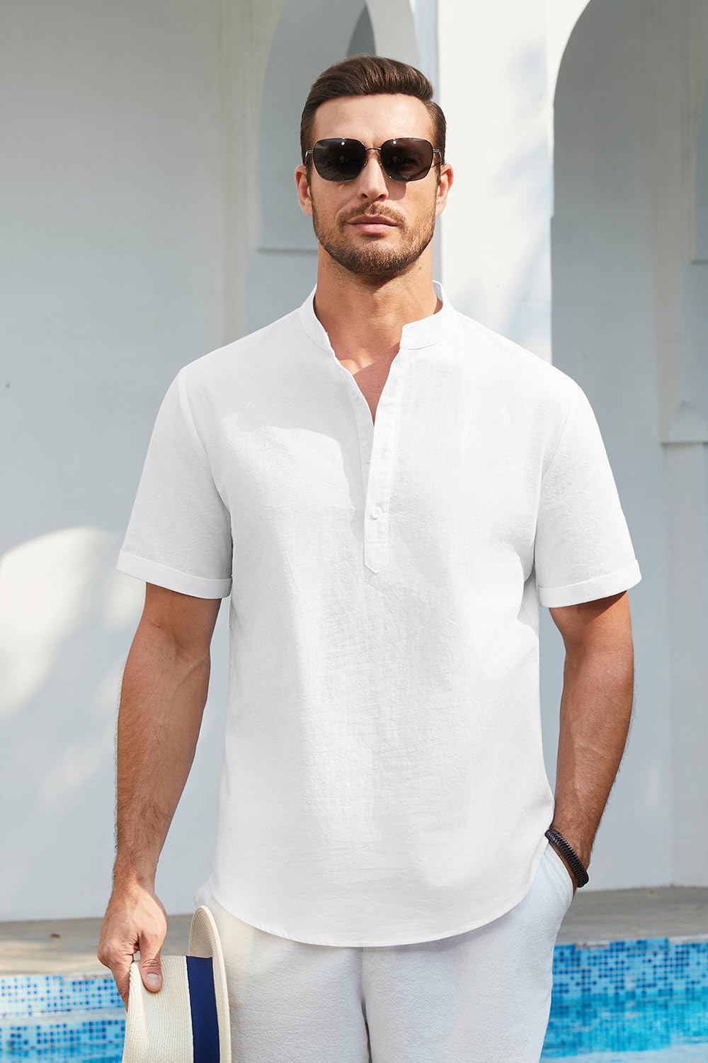 Enlision Camisa Lino Hombre Verano Manga Corta Cuello Mao Elegante
