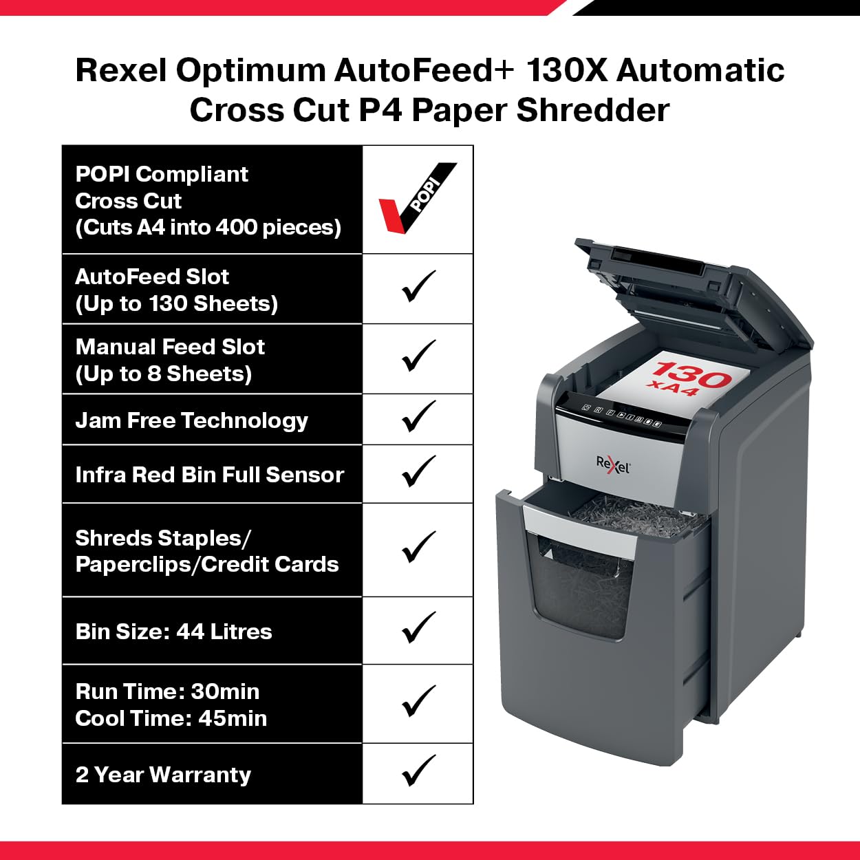 Rexel Auto+ 130X - Triturador de papel (Corte cruzado, 22,5 cm, 4 x 40 mm, 26 L, 130 hojas, 60 dB)