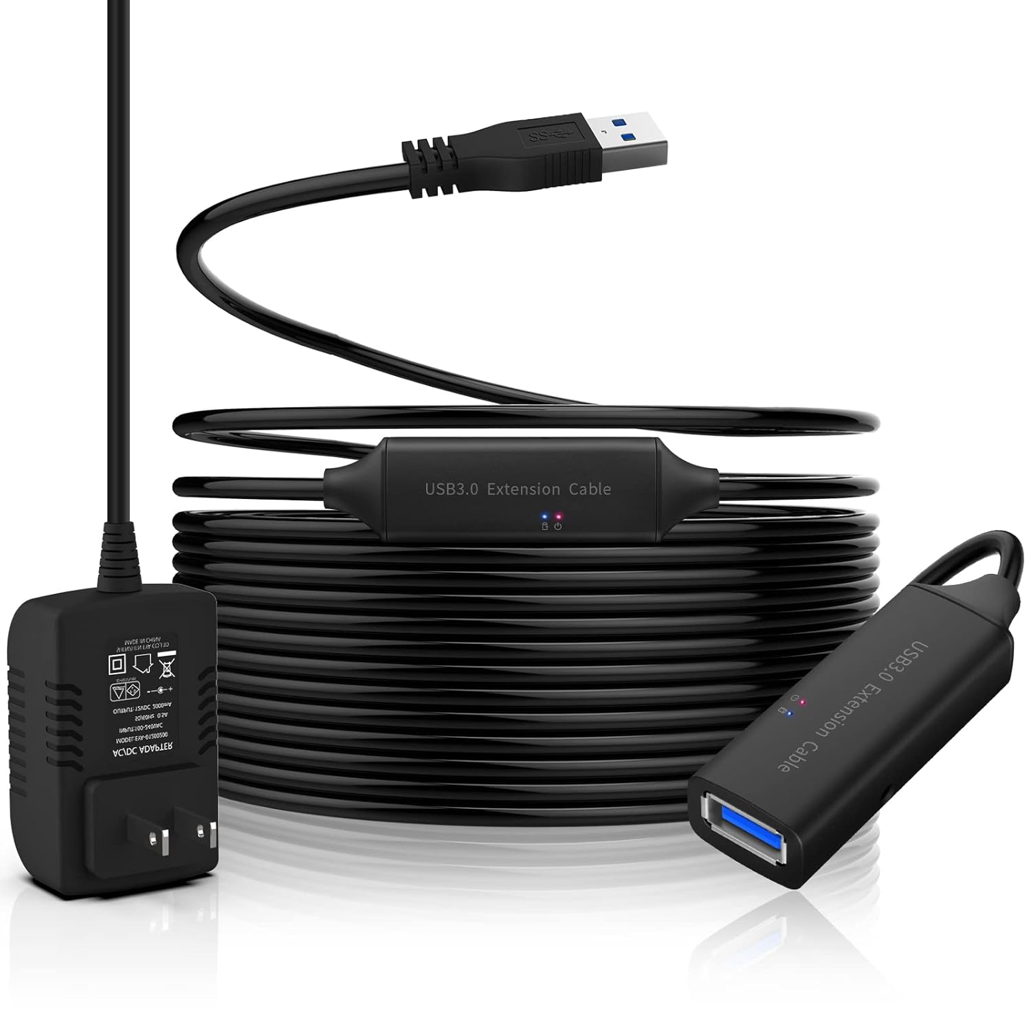 USB 3.0 Active Extension Cable, 32 Feet USB 3.0 Male to Female Extender Cord with 5V 2A Power Adapter, 2 Chipsets Signal Booster for VR, Webcam, Xbox, PS4, Keyboard, Printer, etc