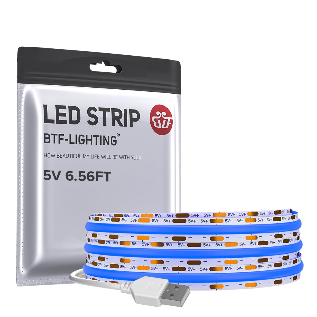 BTF-LIGHTING USB FCOB COB Blau LED Streifen 2M 640 LEDs Hochdicht 5V Flexible LED Leiste Ultrahell CRI90+ für Wohnzimmer TV Hintergrundbeleuchtung, Schrank, Küche, Gaming PC, DIY Deko(Ohne Dimmer)