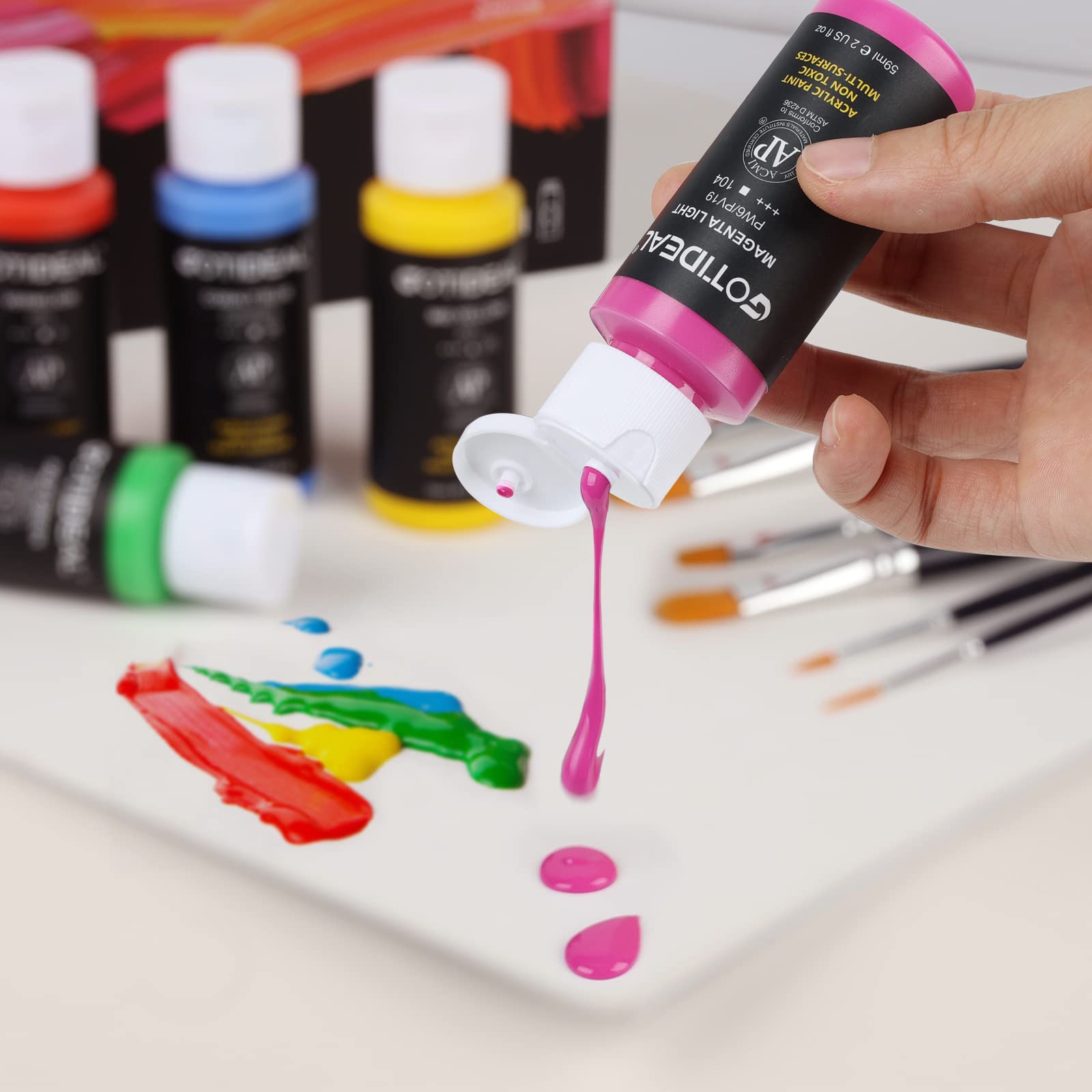 GOTIDEAL Juego de pintura acrílica con 10 pinceles, 18 colores (59 ml, 56.7 g), pintura artística no tóxica, perfecta para pintores aficionados, artistas, adultos, ideal para lienzo, madera, cerámica
