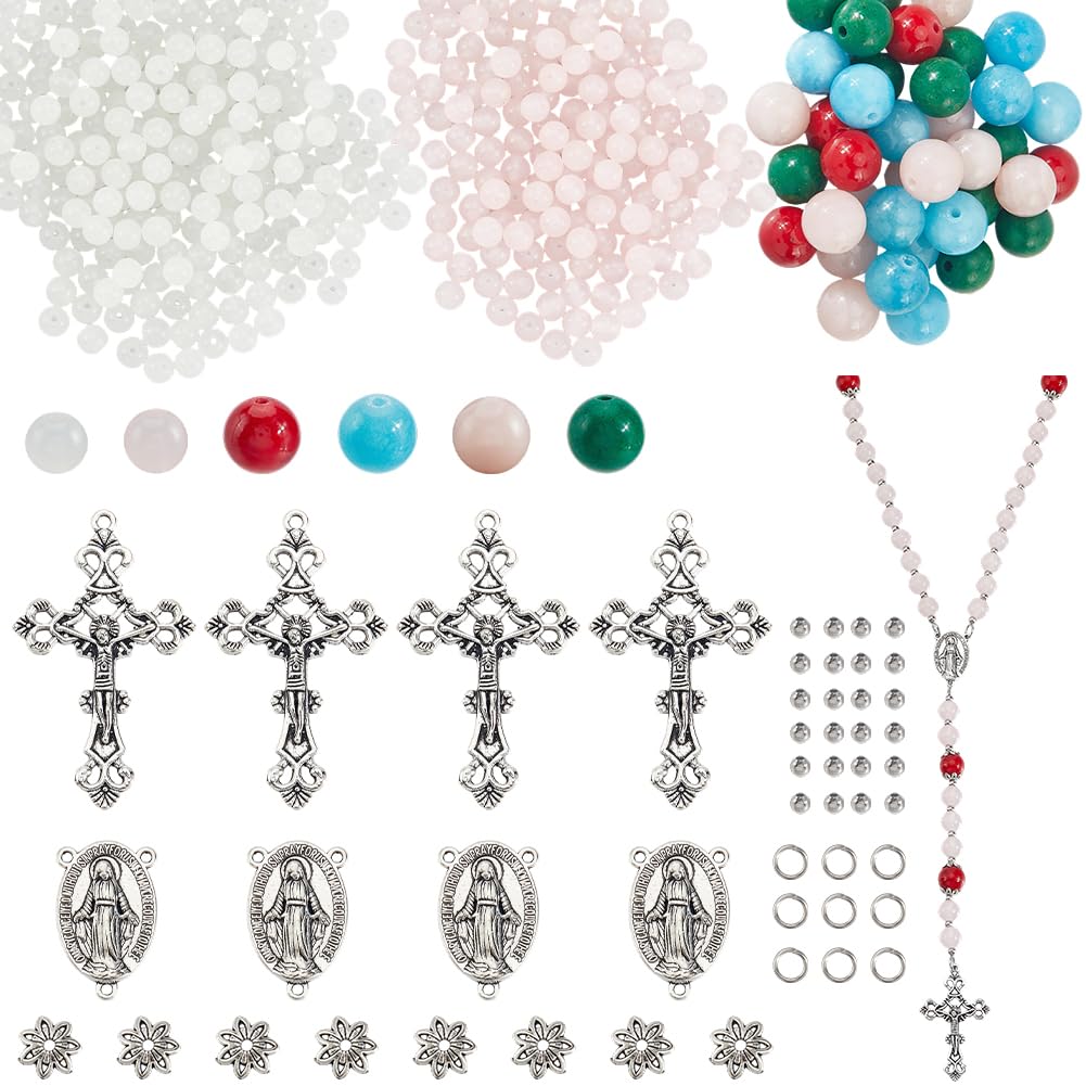 SUNNYCLUE 1 caja de 776 piezas, Kit de 4 juegos para Hacer Rosarios, Dijes para Crucifijo, Dijes para Candelabros, Eslabones de Piedra, Cuentas para Bisutería, Suministros para Collares, Pulseras Y Fe