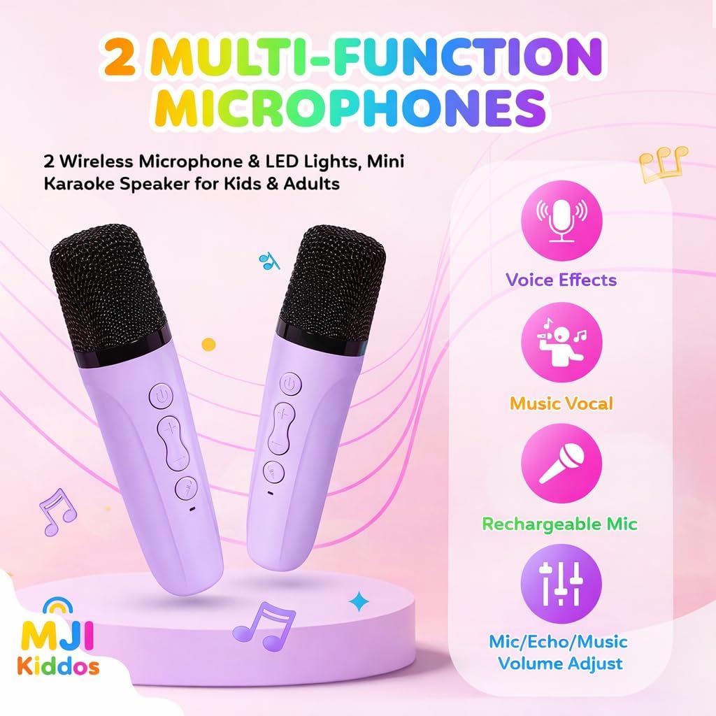 Kids Karaoke Machine with 2 Wireless Microphones, Bluetooth Speaker with Voice Changer & LED Lights, Portable Singing Toy Gift for Boys & Girls Ages 3–12 - Image 4