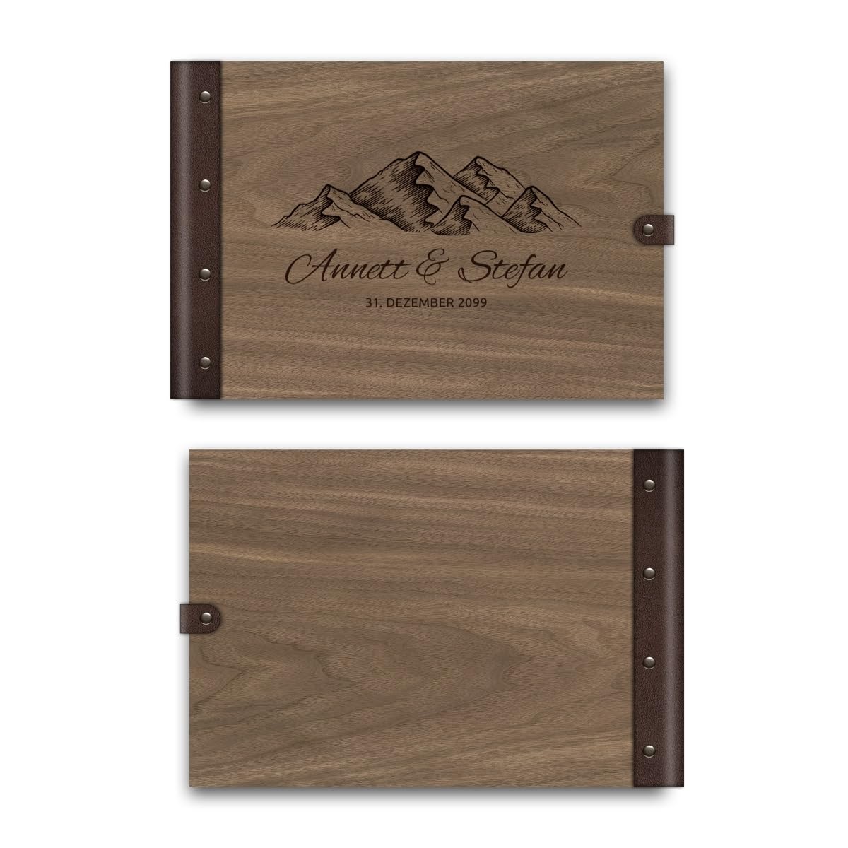 Personalisiertes Hochzeit Gästebuch echtes Holz DIN A4 Hochzeitsbuch mit Lasergravur - Berge - mit 72 Blatt / 144 Seiten Naturpapier Weiß