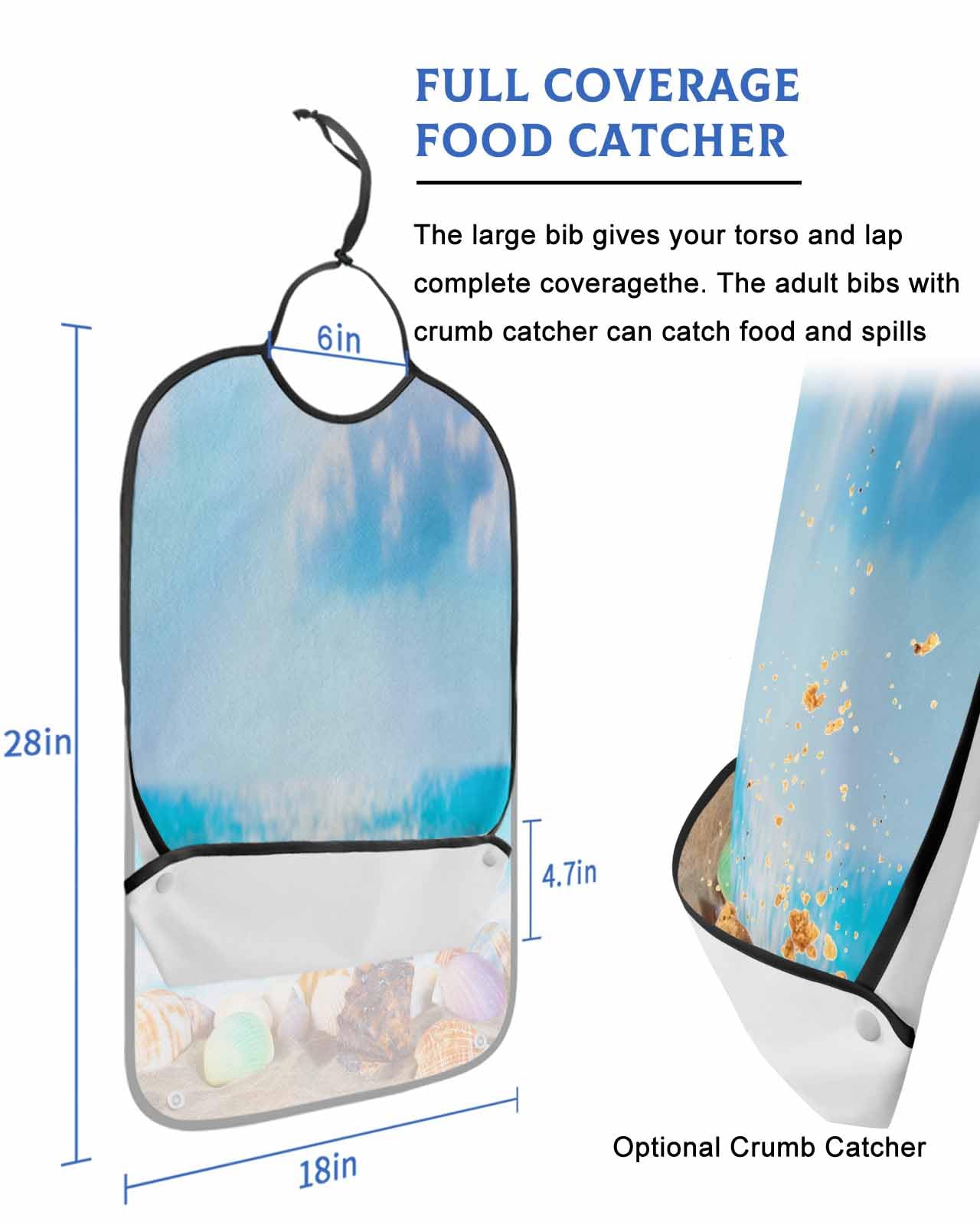 LEOKOTI Blue Coastal Adult Bibs for Eating, Waterproof Bibs with Food Catcher & Adjustable Snap Closure, Nautical Seaside Shell Conch Starfish Washable Clothing Protectors Adult Bibs for Elderly