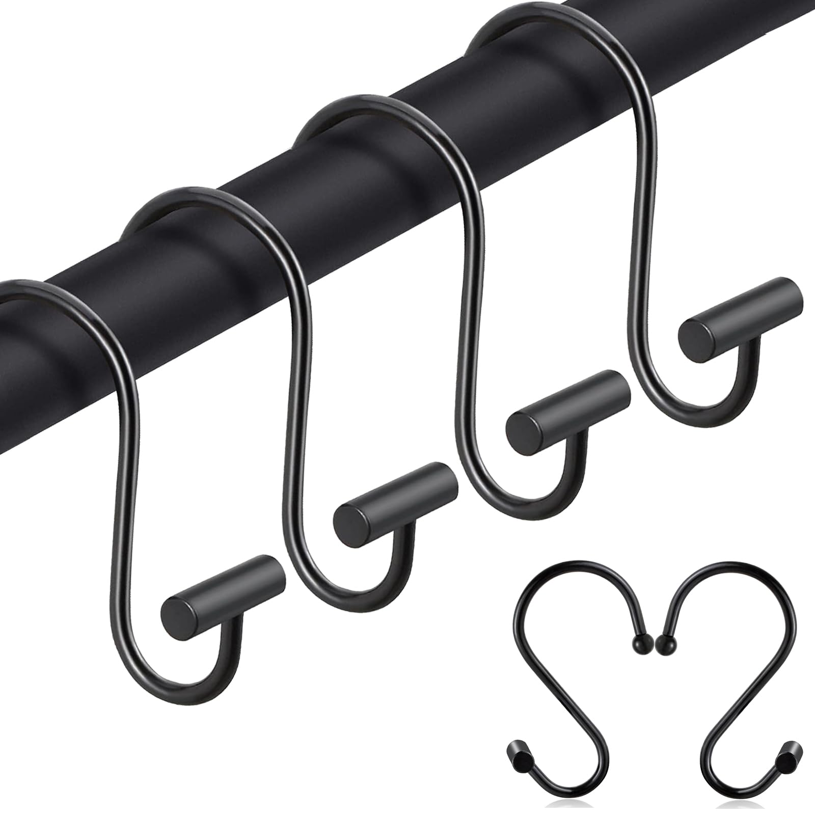 Black Shower Curtain Hooks S Hooks for Hanging Shower Hooks 12 Pack Metal Rustproof Rings with T-Bar Design, Elegant & Durable, Easy to Install for Bathroom, Kitchen, or Wardrobe Rods Curtain Rings