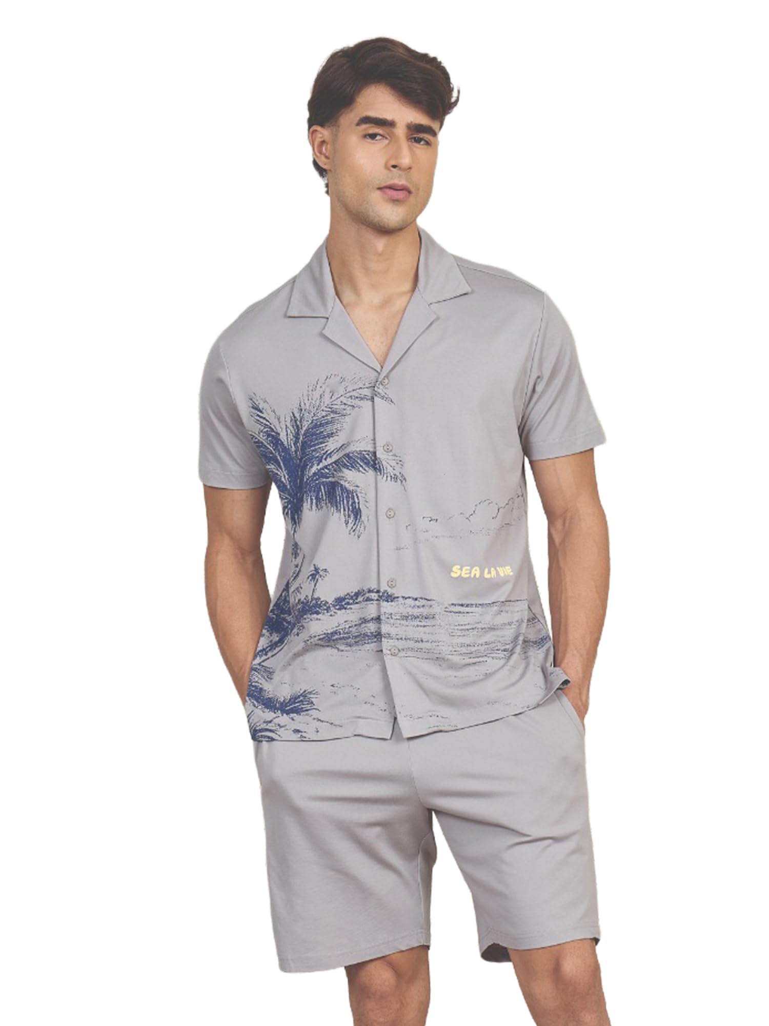 Men's Printed Front Open Shorts Set-image-2