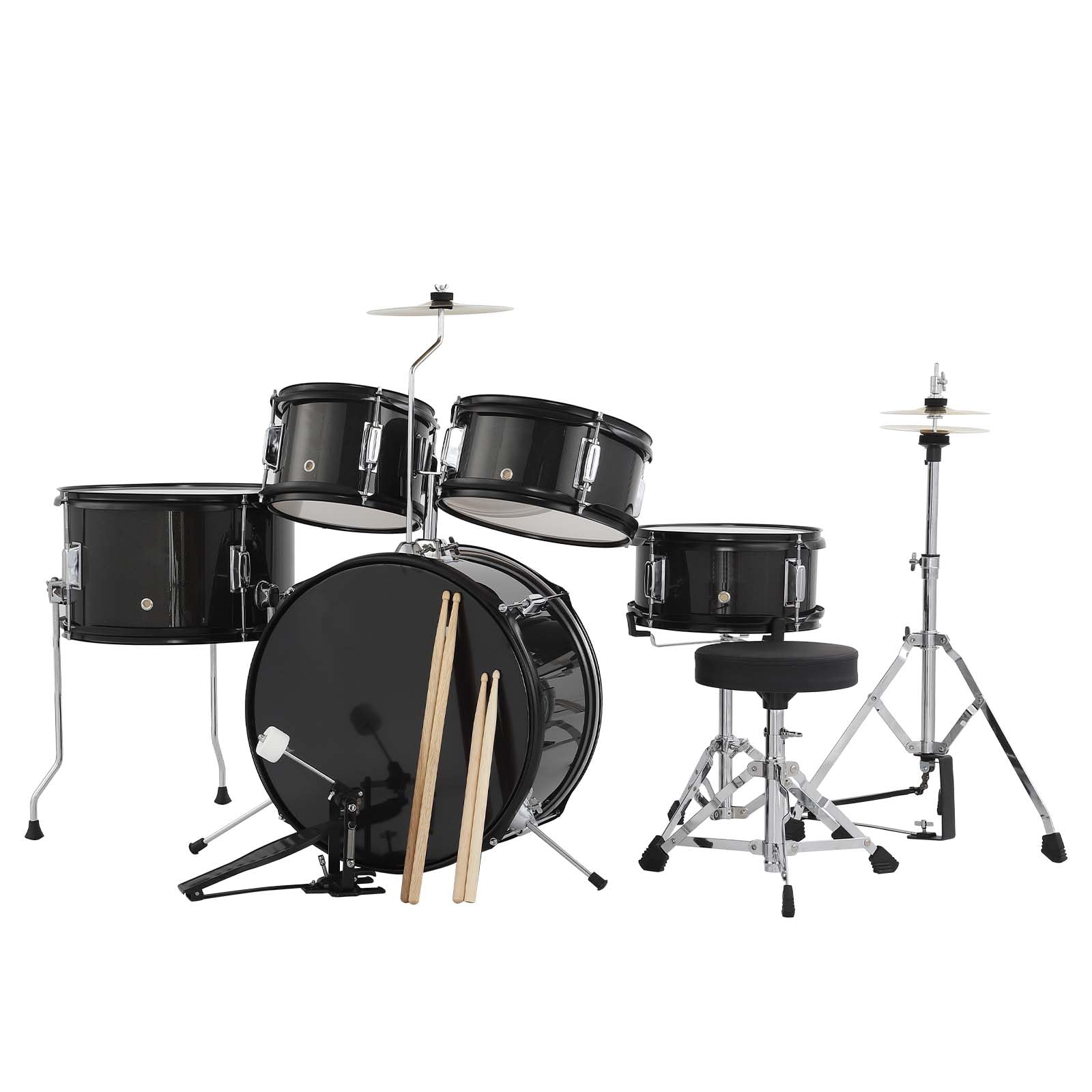 Juego de batería de 5 piezas – Kit de batería junior con Tom-Toms duales, Tom de suelo, caja y bombo, Hi-Hat, Platillo, pedal, baquetas y asiento, juego completo de percusión para principiantes para
