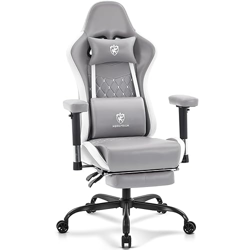 Morkprism Gaming Chair,Computer Office Chair with Footrest,Massage Lumbar Support and Gel Pad,Ergonomic Reclining Leather Gamer Chair with Headrest,Adjustable Armrests and Spring Cushion Grey White - Grey White - High-Grade PU Leather