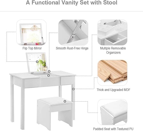 Miniatura 4 de ReunionG - Mesa de tocador con espejo abatible, madera maciza para maquillaje, escritorio de escritura con taburete acolchado, 2 cajones para