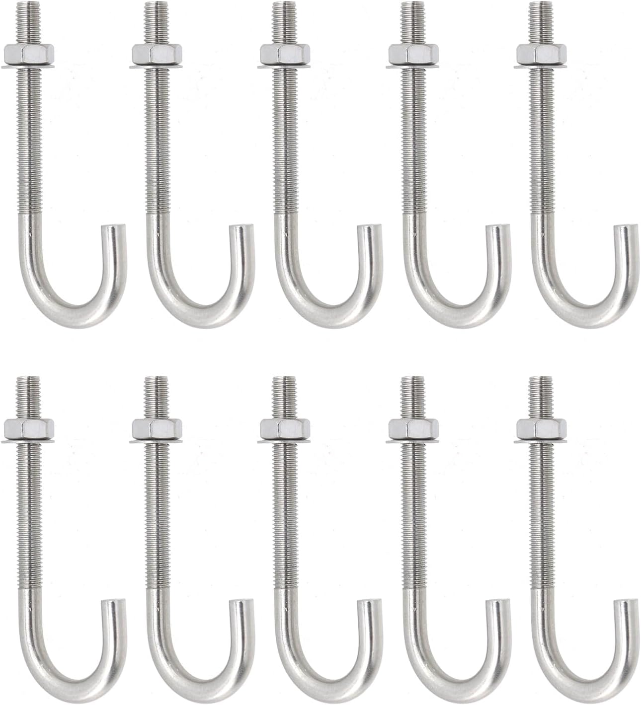 MY MIRONEY 10Sets J Bolt with Nut Washer, Stainless Steel Anchors Bolts Hardware Concrete J-Bolt Cement Post Anchor Bolts Fastener, 3/8" x 4.72", Type 2