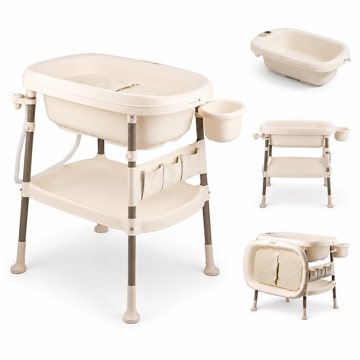 Table à Langer avec Baignoire Bébé 3 en 1, Hauteur Réglable, Thermomètre Digital Intégré, Station de Change Pliable avec Rangement, Tuyau de Vidange, Charge Max 25kg, 0-36 Mois