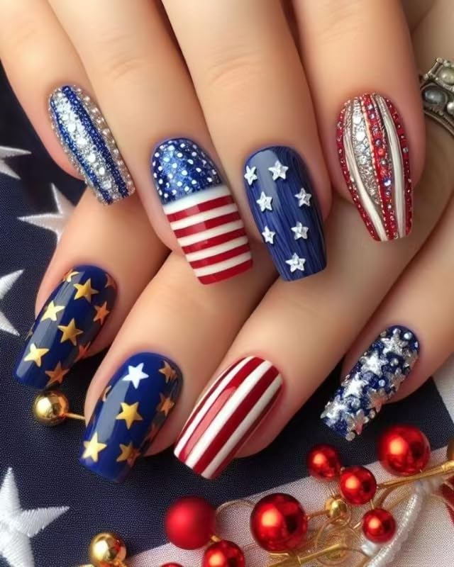 press on nails independence day medium length fake nails red stripe glossy false nails with 3d star designs 4th of july reusable acrylic nails square false nails for women girls 24pcs style 11