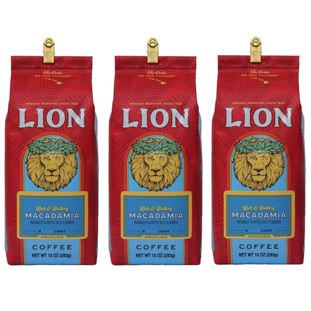 Lion CoffeeMacadamia Flavor Light Roast - Ground, 10 Ounce Bag (Pack of Three)