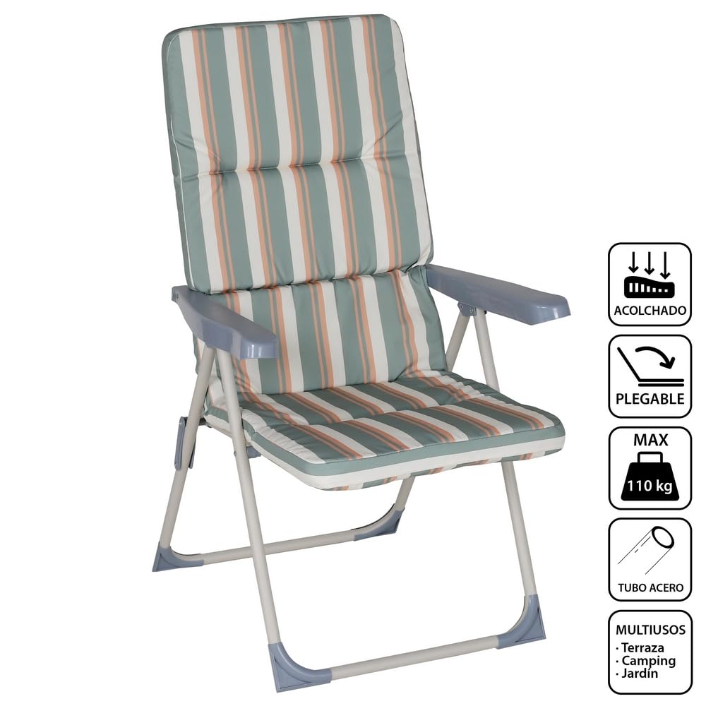 LOLAhome Sillón de Jardín Acolchado y Reclinable en 4 Posiciones. Estructura de Tubo de Acero y Lona Verde Multicolor. Colchón de 5 cm de Grosor. 61x58x106 cm.