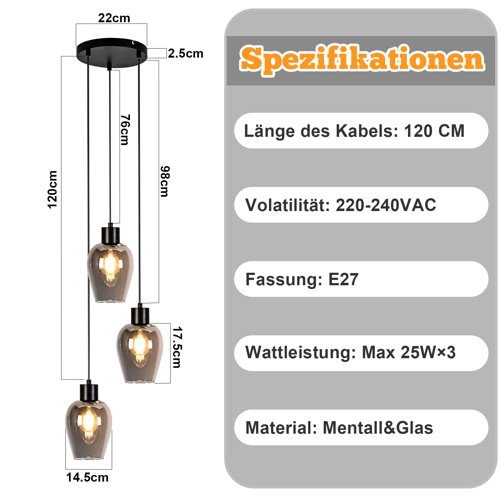 Lámpara Colgante Industrial de 3 luces Lámpara E27 de techo | colgante retro cristal ahumado para comedor dormitorio sala de estar (bombilla no incluida)