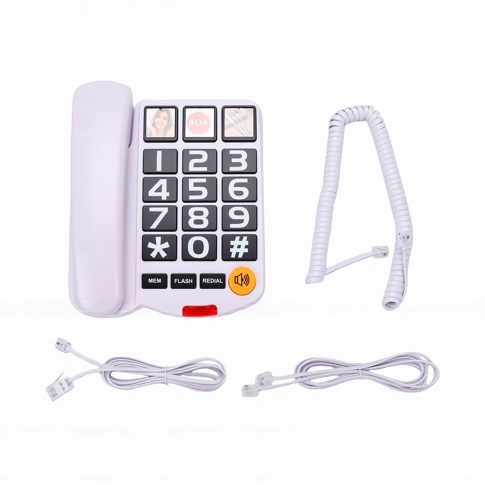 Telefono fisso con tasti grandi per anziani, nero o bianco (WHITE) | Telefono fisso extra potente da 110 dB, con 3 funzioni di chiamata rapida tramite foto e vivavoce.