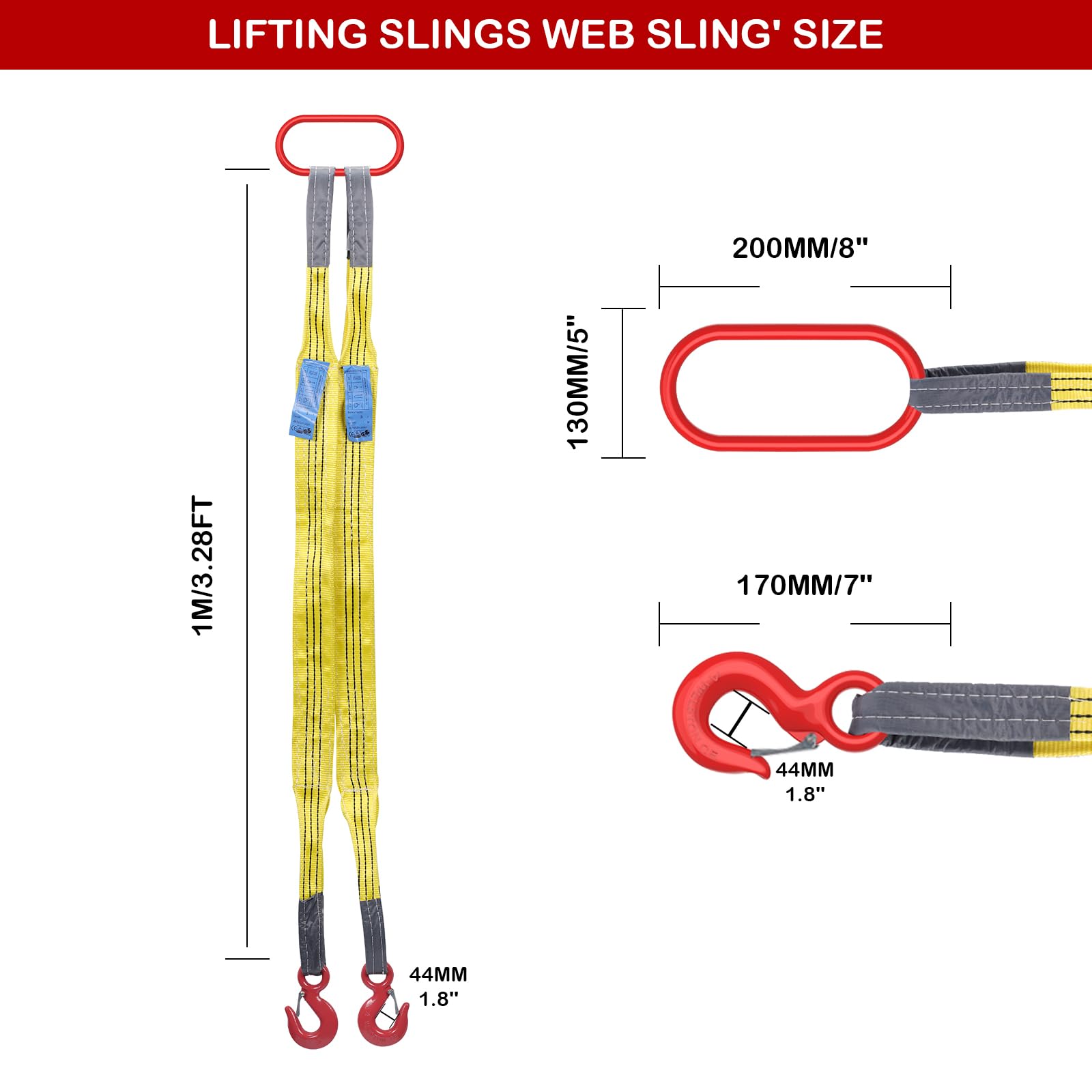Cinghie di sollevamento con ganci, 3,3 piedi a due gambe briglie Web, capacità 5999,7 kg, cinghie di sartiame viola in poliestere per motori, gru, paranchi