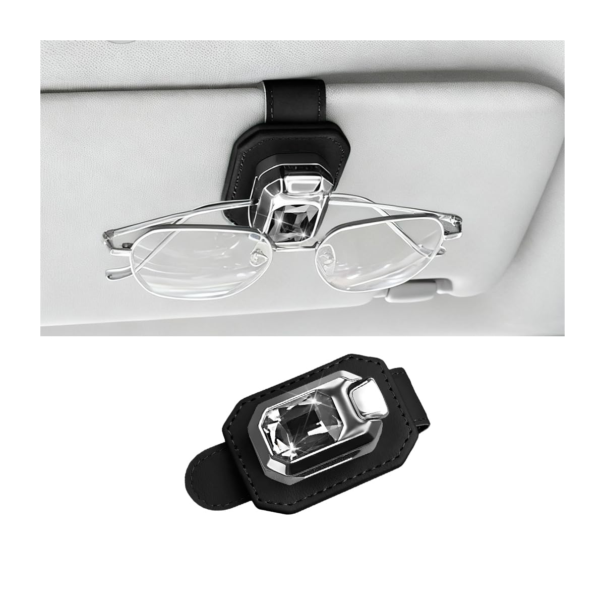 Bling Sunglasses Holders for Car Visor, Crystal Rhinestone Leather One Handed Operation Vehicles Sun Visor Glasses Clip, Automotive Interior Ticket Card Clip, Universal Fit (Black)