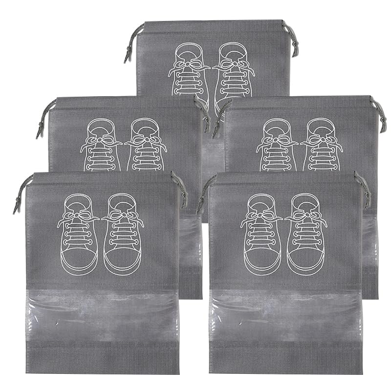 5 Pack Shoe Storage Bags with Transparent Window, Drawstring Closure, Space-Saving Design, Ideal For Travel & Home Organization Bags, Dark Gray