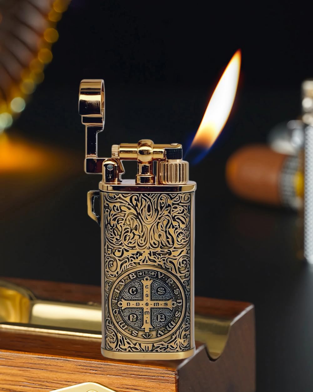 Lighters Metal Pocket Vintage Lighter Reusable Classic Creative Butane Grinding Wheel Lighters for Collection Decorative Gift (Butane Not Included) (Gold)