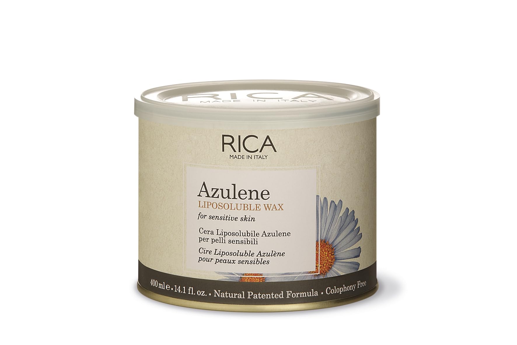 RICA | Azulene Liposoluble Wax 400 ml per Pelli Sensibili | Cera Depilatoria Professionale con Olio Vegetale Lenitivo | Epilazione Viso, Ascelle e Zona Bikini | Senza Colofonia | Made in Italy