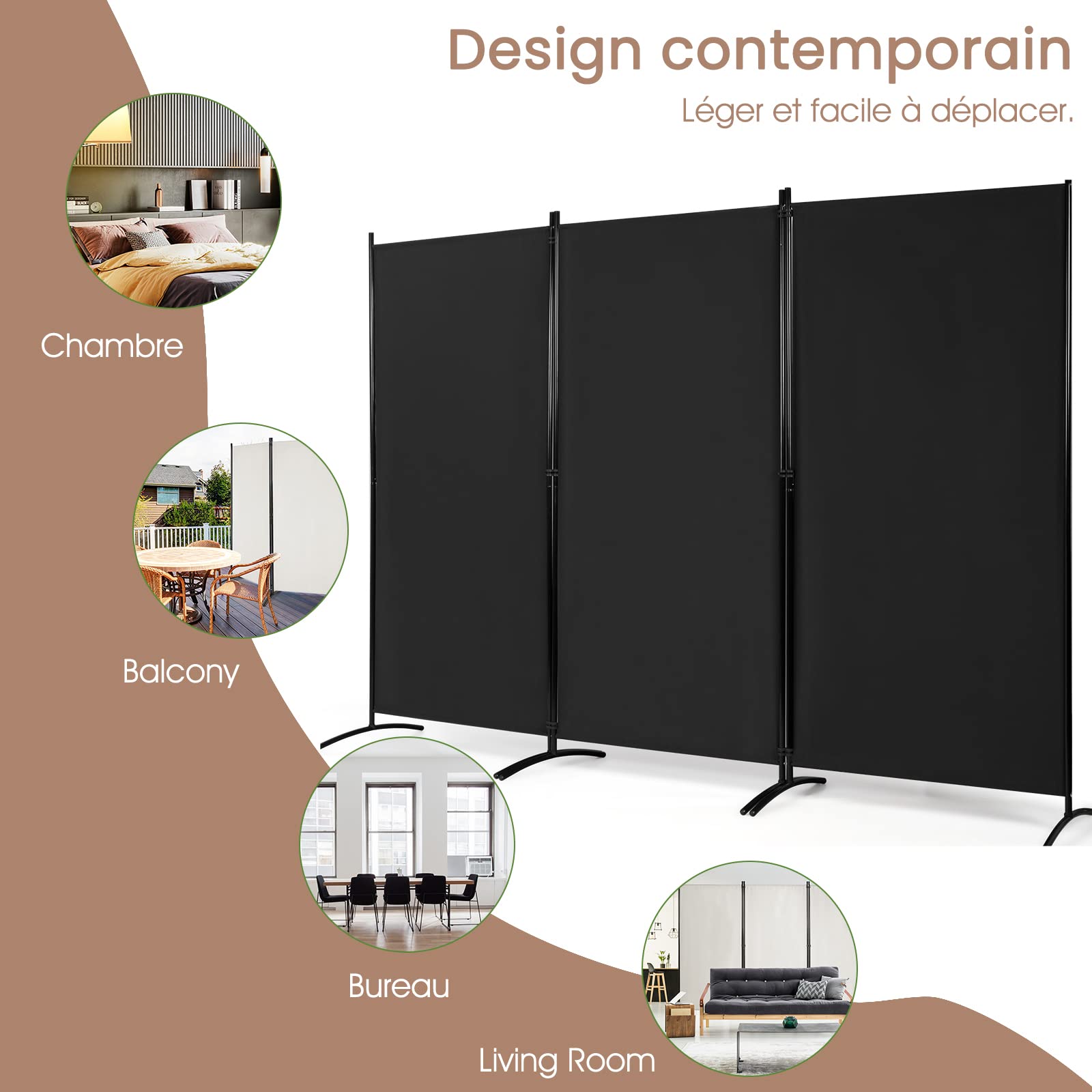 RELAX4LIFE Paravent 3 Pcs en Polyester 260X183 CM avec Cadre en Métal, Cloison de Séparation avec Charnières Résistantes et Base Incurvée, Paravent Pliable pour Salon/Jardin/Terrasse, (Modèle1, Noir)