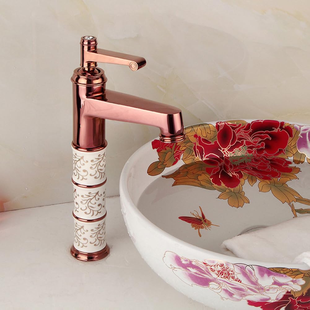 Grifo De Baño Grifo Lavabo Alto, Estilo Vintage Retro Latón Monomando Mezclador De Lavabo, Ajustable Para Agua Fría Y Caliente, Oro Rosa