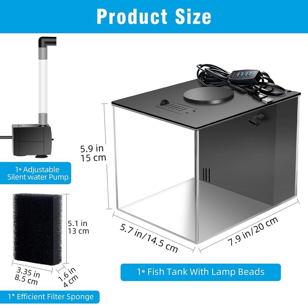 Kleines Aquarium 3,7L, Acryl Aquarium Starter Set mit LED Beleuchtung und Filterpumpe, Mini Betta Aquarium Fischbecken für Kleine Fische Garnelen Pflanzen, Desktop Deko für Zimmer Büro, Schwarz