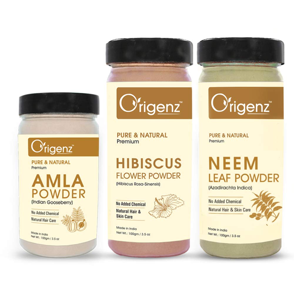 Origenz Natural Hair Care 3 Powders Combo 300 gm - Amla Hibiscus Neem Powder for Pack, Wash, Mask, Anti-Dandruff, Cleanser | In Jar (100gm X 3)-image-16