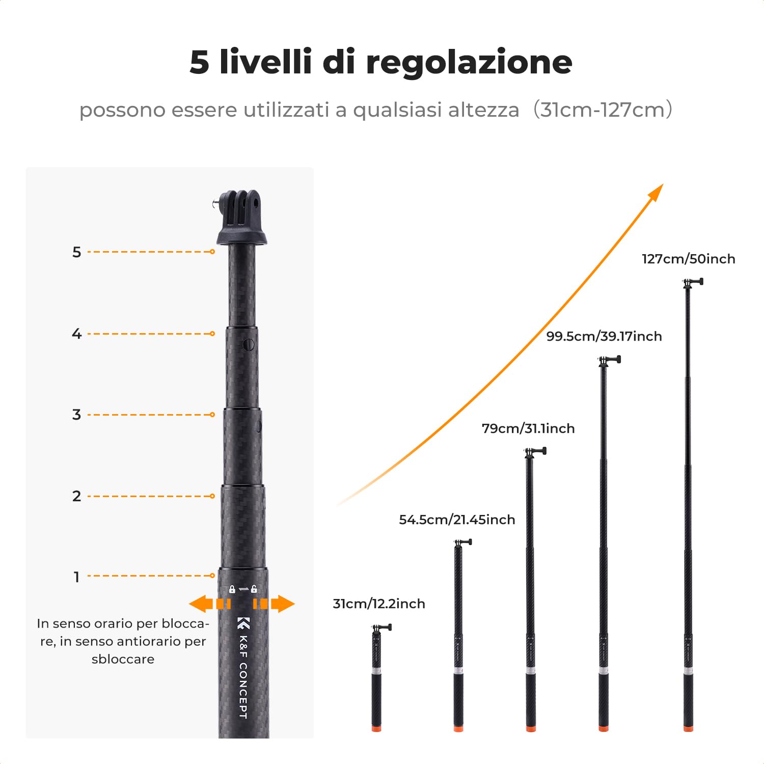 K&F Concept MS22 Selfie Stick, 127cm Bastone Selfie Invisibile in Carbonio, Monopiede Estensibile con Adattatore per Fotocamera Sportiva, Compatibile con GoPro Hero 13/12 Insta360 DJI Osmo Action