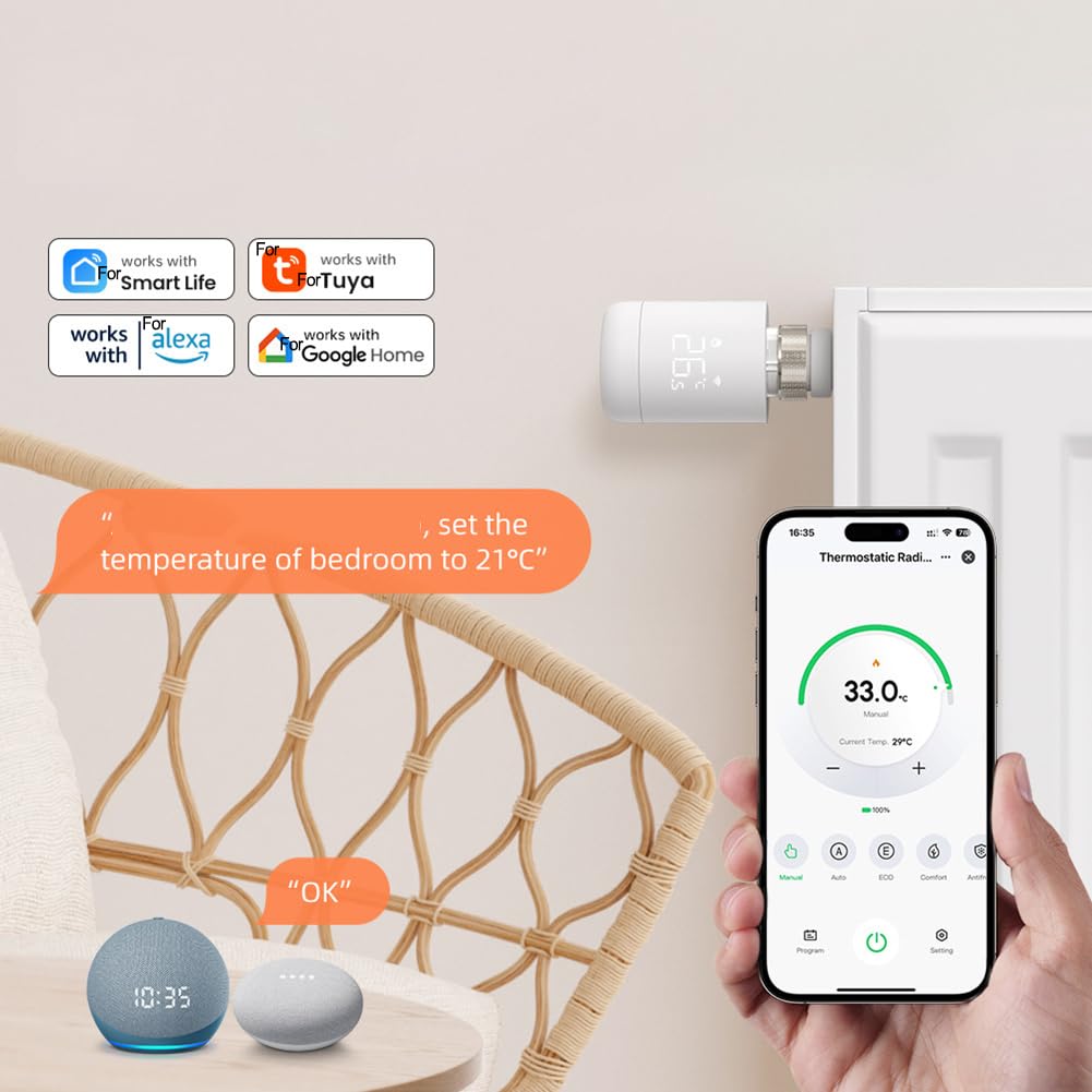 Vanne de Radiateur Thermostatique Intelligente WiFi, Contrôle par Application Smart Life/Tuya, Compatible Alexa & Home, 6 Modes, Programmation, Détection Fenêtre Ouverte, Verrou, passerelle requise