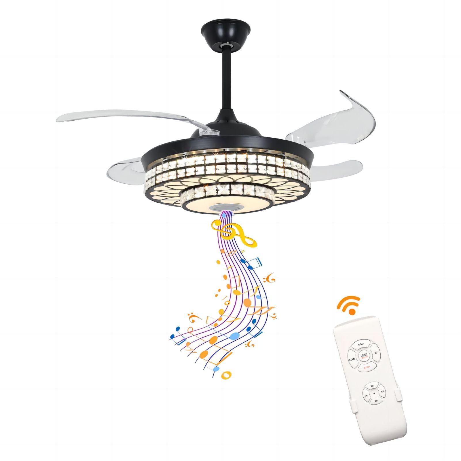 Chandelier Ceiling Fans with Lights App Control 42Inch Modern Fan Blue Tooth Speaker Tri-Color Light Adjustable W/Remote Reversible Quiet Dc Motor for Living Room Bedroom Study (Black)