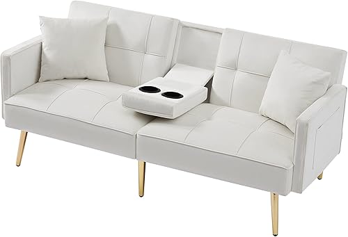 Miniatura 6 de Sofá cama futón de terciopelo con soporte para tazas, cama de dos plazas pequeña de terciopelo, moderno sofá cama plegable con 2 almohadas y 6 patas
