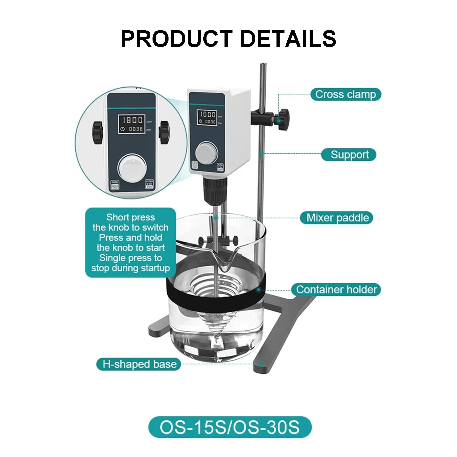 Mezclador De Laboratorio PPLDABNK, Capacidad 10L/20L, Velocidad Ajustable, Temporizador De 0-24H, Paleta Y Soporte, Apto Para Mezclar Pinturas, Tintes Y Reactivos Líquidos.,OS-30S