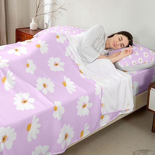 Miniatura 2 de Castle Fairy Daisy Florals Sheet Sets Full Size,Hippie Flowers Fitted Sheet Set,Kids Teens Bedroom Decor,70s Retro Floral Bed Sheets Set 4pcs(1